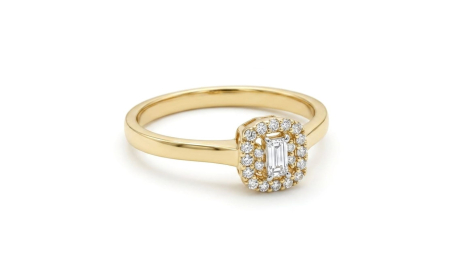 inele de logodna aur 14k - Inel din Aur Galben 14K cu Piatră Baguette și Halou – Eleganță Geometrică și Rafinament