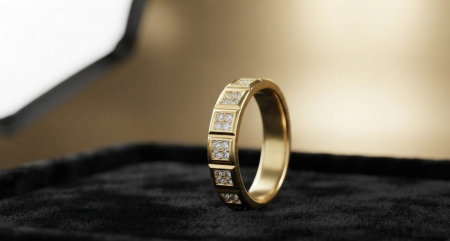 Inele aur 14k - Inel din Aur Galben 14K cu Segmente Geometrice și Diamante 0.03ct EF-SI