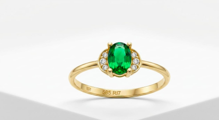 Inele aur 14k - Inel din Aur Galben 14K cu Smarald Oval și Halo Semilună din Zirconii