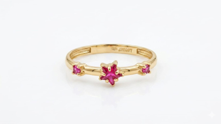 Inele aur 14k - Inel din Aur Galben 14K cu Steluță și Pietre Roz-Fucsia