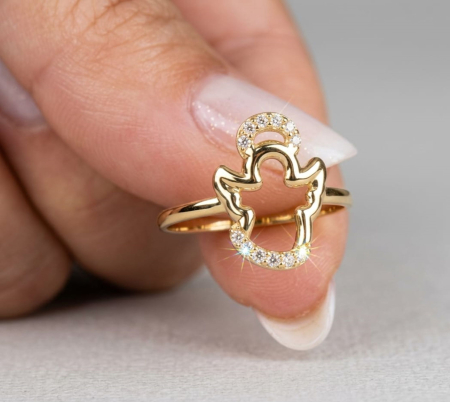 Inele aur 14k - Inel din Aur Galben 14K model Îngeraș cu Pavaj de Cristale – Simbolul Protecției și Eleganței Divine