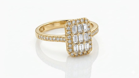inele de logodna aur 14k - Inel din Aur Galben 14K „Mosaic Baguette” – Cu Pavaj Complet și Design Rectangular Halo
