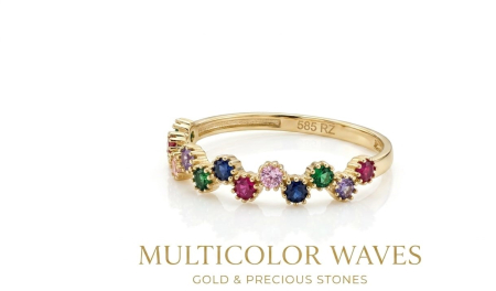 Inele aur 14k - Inel din Aur Galben 14K „Multicolor Waves” cu Șirag Ondulat de Cristale