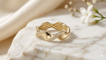 Inele aur 14k - Inel din Aur Galben 14K Ondulat cu Design Fluid și Pavaj de Zirconiu