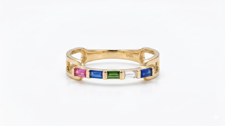 Inele aur 14k - Inel din Aur Galben 14K Rainbow cu 5 Cristale Baghetă Multicolore