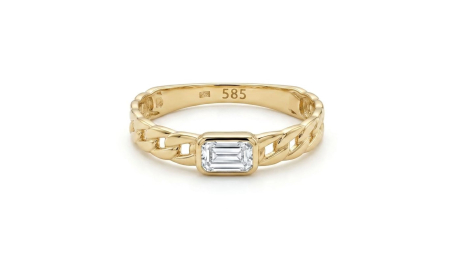 inele de logodna aur 14k - Inel din Aur Galben 14K Tip Lanț cu Piatră Dreptunghiulară Casetată – Stil Geometric Modern