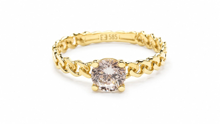 inele de logodna aur 14k - Inel din Aur Galben 14K Tip Lanț cu Zirconiu Central – Stil Bold și Modern