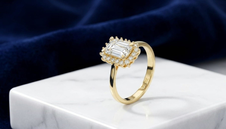 inele de logodna aur 14k - : Inel din Aur Galben cu Cristal Emerald Cut și Halo