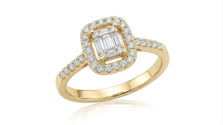 inele de logodna aur 14k - Inel din Aur Galben cu Iluzie Emerald Cut, Mozaic din Baghete și Halo Cushion