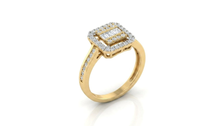 inele de logodna aur 14k - Inel din Aur Galben cu Montură Mozaic din Baghete și Dublu Halo Rectangular