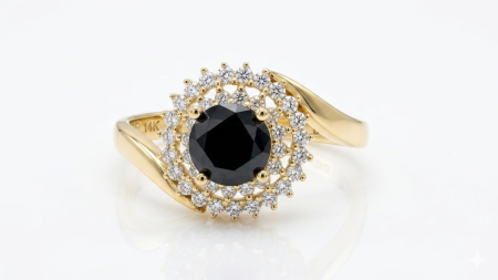 Inele aur 14k - Inel din Aur Galben de 14K cu Diamant Negru / Zirconiu Negru și Dublu Halo Strălucitor