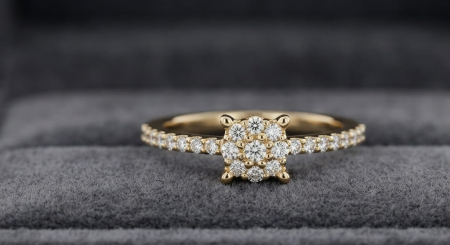 inele cu diamant - Inel din Aur Galben de 14K cu Diamante Naturale 0.15ct (Design Cluster Floral / Cushion Illusion)