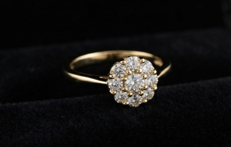 inele cu diamant - Inel din Aur Galben de 14K cu Diamante Naturale 0.17ct (Design Cluster Floral / Illusion Solitaire)