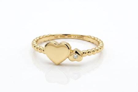 Inele aur 14k - Inel din Aur Galben de 14K cu Două Inimi și Bandă Sferică (Beaded Ring)