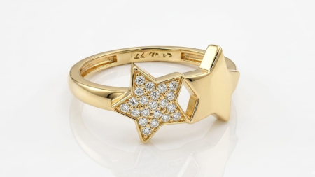 Inele aur 14k - Inel din Aur Galben de 14K cu Două Stele Îngemănate și Pavé de Zirconii