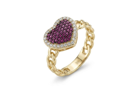 Inele aur 14k - Inel din Aur Galben de 14K cu Medalion Inimă Pavé Zirconii Violet/Fucsia și Bandă Stil Lanț