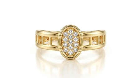 Inele aur 14k - Inel din Aur Galben de 14K cu Medalion Oval Pavé și Bandă Decupată Geometric