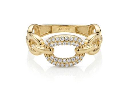 Inele aur 14k - Inel din Aur Galben de 14K cu Medalion Oval Pavé și Bandă Stil Lanț Zale