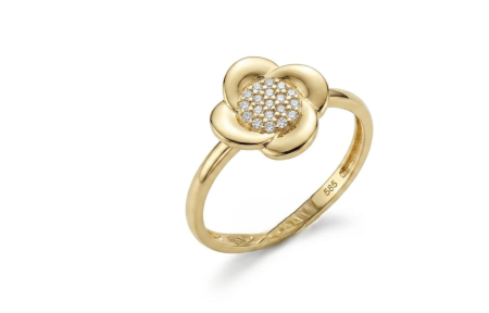 Inele aur 14k - Inel din Aur Galben de 14K cu Model Floare Norocoasă și Pavé de Zirconii