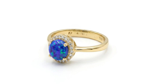 Inele aur 14k - Inel din Aur Galben de 14K cu Opal Albastru Lab și Halo de Zirconii