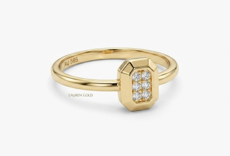 Inele aur 14k - Inel din Aur Galben de 14K cu Plăcuță Octogonală și Pavé din Șase Zirconii