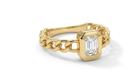 Inele aur 14k - Inel din Aur Galben de 14K cu Zirconiu Emerald Cut în Casetă Octogonală și Bandă Stil Lanț Gourmet