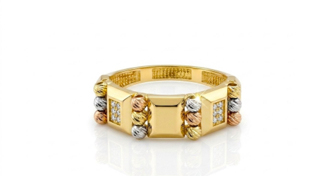 Inele aur 14k - Inel din Aur Tricolor 14K cu Plăcuțe Geometrice și Sfere Diamantate