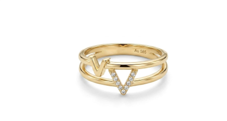 Inele aur 14k - Inel Double-Band din Aur Galben 14K cu Model Monogramă „V” Asimetric și Zirconii