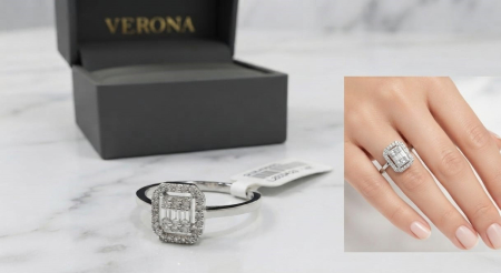 bijuterii diamant - Inel Dreptunghiular din Aur Alb 14K cu Mozaic de Diamante Naturale 0.16 CT – Verona Elegance