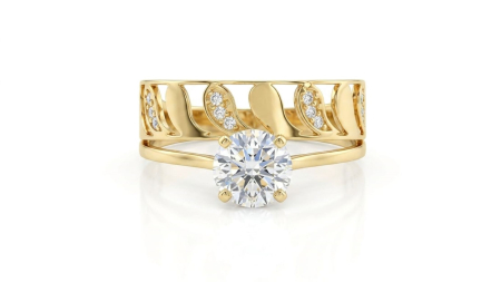 inele de logodna aur 14k - Inel Dublu din Aur 14K cu Solitair Impunător și Model Filigran Organic – Eleganță și Volum de Lux