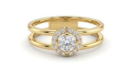 Inele aur 14k - Inel Dublu din Aur 14K cu Solitair și Halo Circular – Design Avangardist și Volum Rafinat