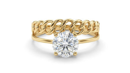 inele de logodna aur 14k - Inel Dublu din Aur 14K cu Zale Cuban Chain și Solitair Proeminent – Stil Urban-Chic și Eleganță Pură