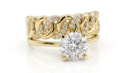 inele de logodna aur 14k - Inel Dublu din Aur 14K cu Zale Cuban Chain și Solitair Proeminent – Stil Urban și Opulență de Lux