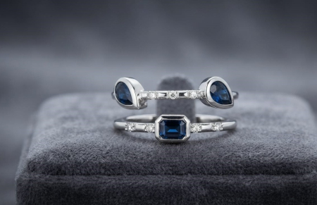 inele cu diamant - Inel Dublu din Aur Alb 14K cu Safire Naturale și Diamante 0.83 ct Total