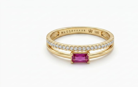 Inele aur 14k - Inel Dublu din Aur Galben de 14K cu Baghetă Roz-Fucsia și Zirconii