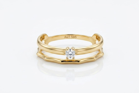 Inele aur 14k - Inel Dublu din Aur Galben de 14K cu Solitar și Bandă Geometrică