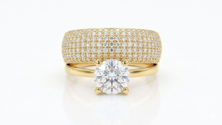 Inele aur 14k - Inel Dublu Statement din Aur 14K cu Solitair și Pavaj Total Micro-Pave – Opulență și Strălucire Absolută