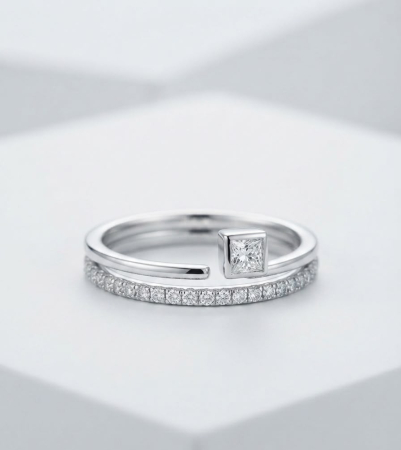 Inel argint 925 - Inel Dubu din Argint 925 „Geometric Duo” - Inel Deschis cu Piatră Pătrată Princess și Bandă Pavată