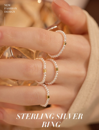 Inel argint 925 - Inel Elastic din Argint 925 cu Mini Perle și Detaliu Aurit „Minimalist Pearl Bead”
