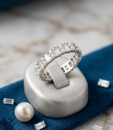 Inel argint 925 - Inel Eternity din Argint 925 „Eternity Pearl & Baguette” cu Perle și Zirconiu Premium