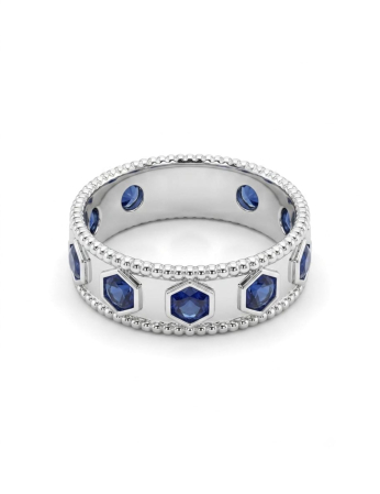 Bijuterii argint 925 - Inel Eternity din Argint 925 Placat cu Rodiu – Hexagoane cu Zirconiu Albastru și Margini Perlate