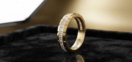 Verighete aur 14k - Inel Eternity din Aur Galben 14K cu Bandă de Cristale și Margini Geometrice