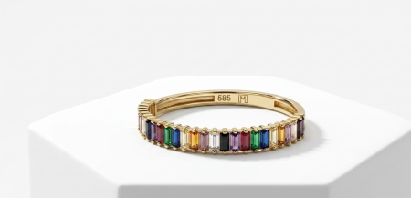 Inele aur 14k - Inel Eternity din Aur Galben 14K cu Cristale Multicolore Tăietură Baghetă (Rainbow Ring)