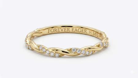 Inele aur 14k - Inel Eternity Subțire din Aur Galben de 14K cu Model Întrețesut și Zirconii