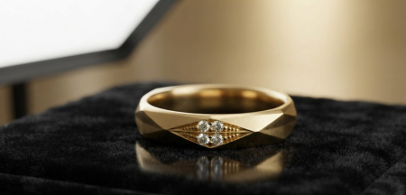 Inele aur 14k - Inel Facetat din Aur Galben 14K cu Detaliu Romboidal și 4 Diamante/Cristale