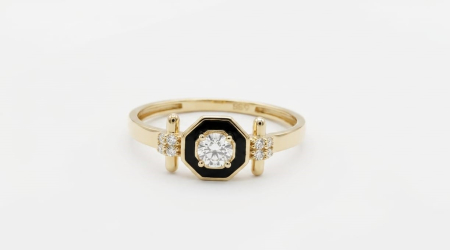 Inele aur 14k - Inel geometric din aur galben 14K cu email negru și zirconii, stil Art Deco