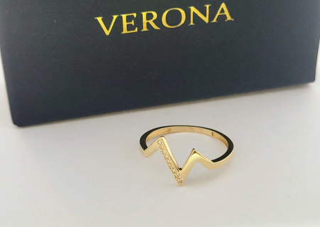 Inele aur 14k - Inel Geometric Zig-Zag din Aur Galben 14K cu Linii Grafice și Cristale