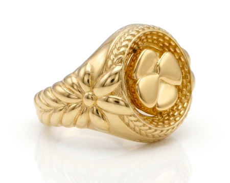 Inele aur 14k - Inel Ghiul din Aur Galben 14K cu Motiv Trifoi 3D și Detalii Florale Gravate