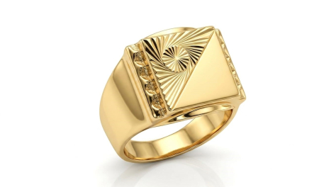 INELE BARBATI - Inel Ghiul din Aur Galben 14K pentru Bărbați cu Diamantare Sunburst și Finisaj Texturat