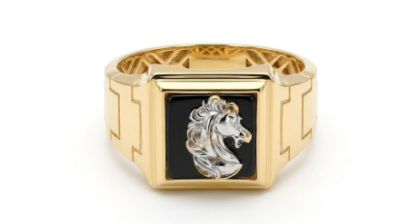 INELE BARBATI - Inel Ghiul Horse Onyx din Aur Bicolor 14K pentru Bărbați cu Cap de Cal și Onix Negru